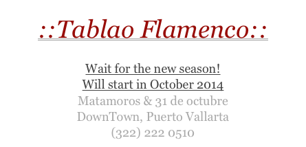 ::Tablao Flamenco::
BARCELONA TAPAS
Wait for the new season! Will start in October 2014
Matamoros & 31 de octubre
DownTown, Puerto Vallarta
(322) 222 0510